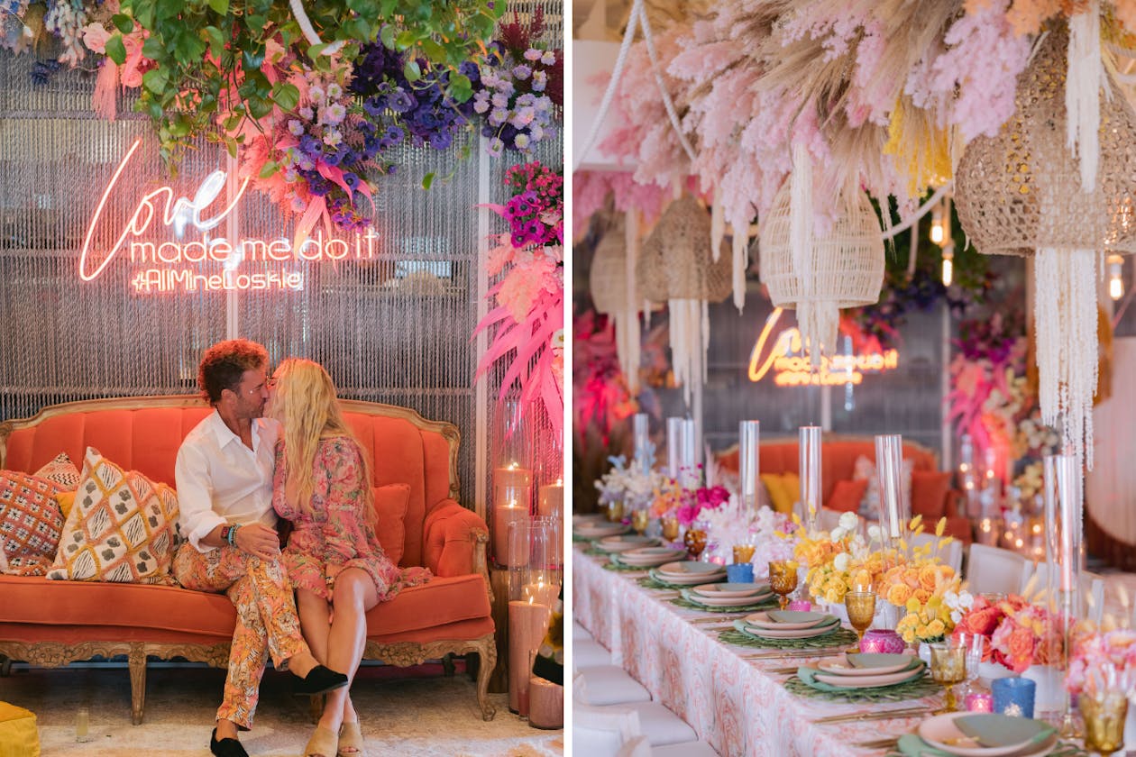 colorful and bright boho engagement party with fringe and neon sign | PartySlate