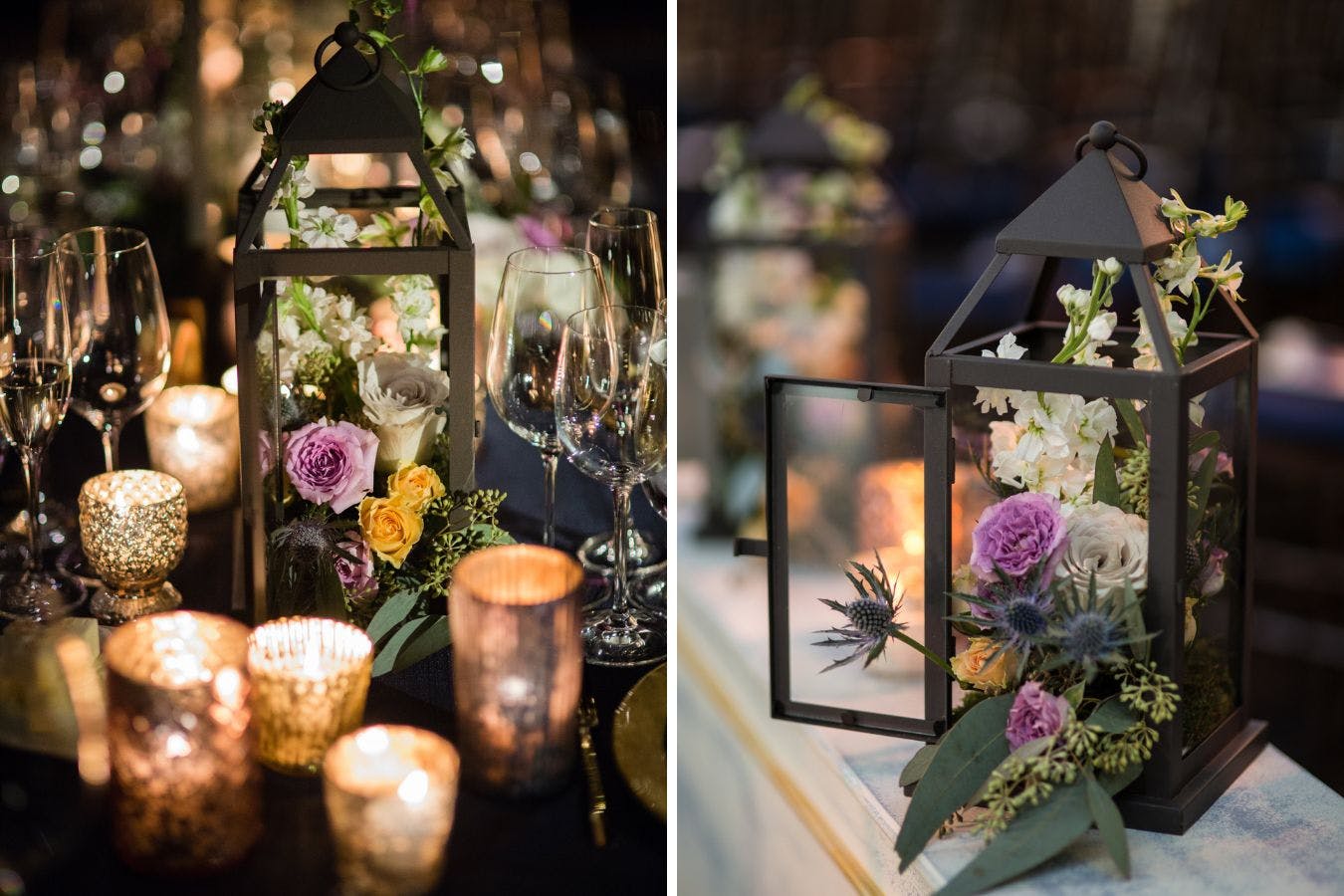 Autumn tablescape with lantern centerpieces overflowing with flowers | PartySlate