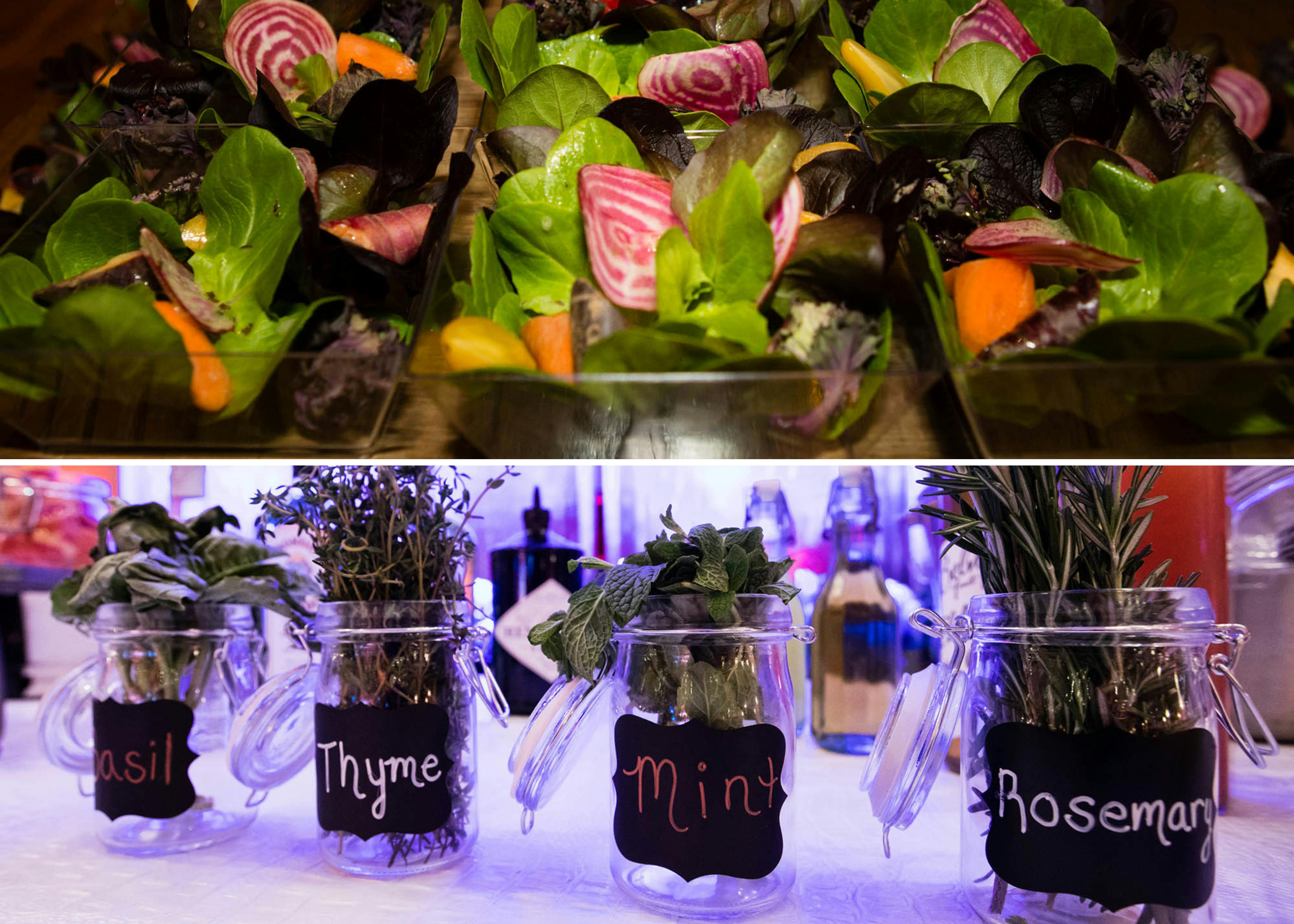 Various vegetables and herbs displayed.