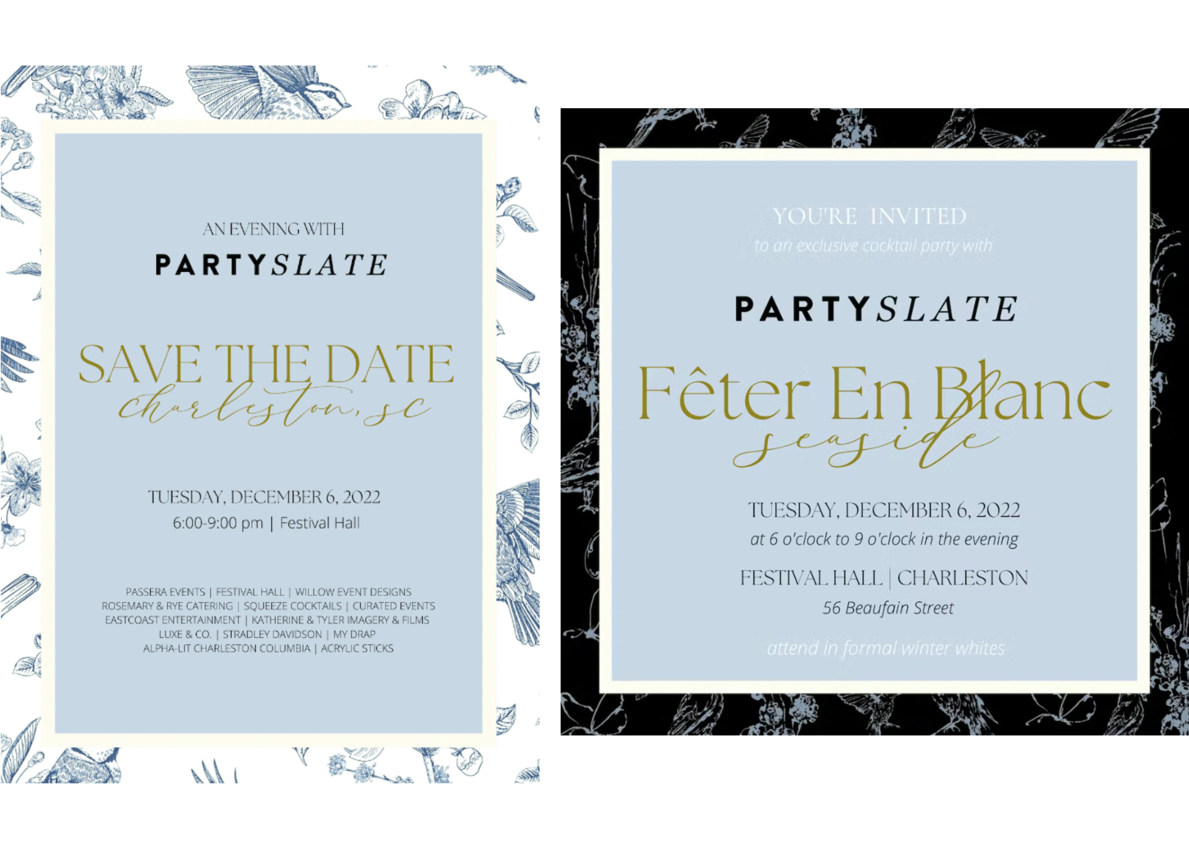 Digital blue and white party invitations.