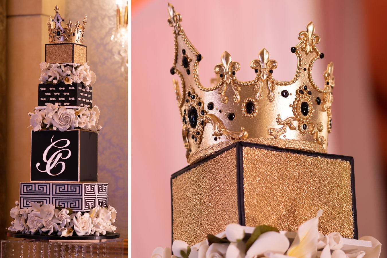 Golden crowned cake at masked ball celebration.