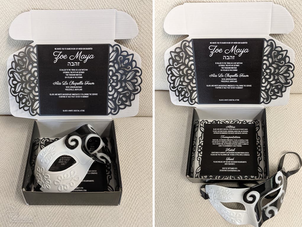 Black and White Masquerade invitations with party favor