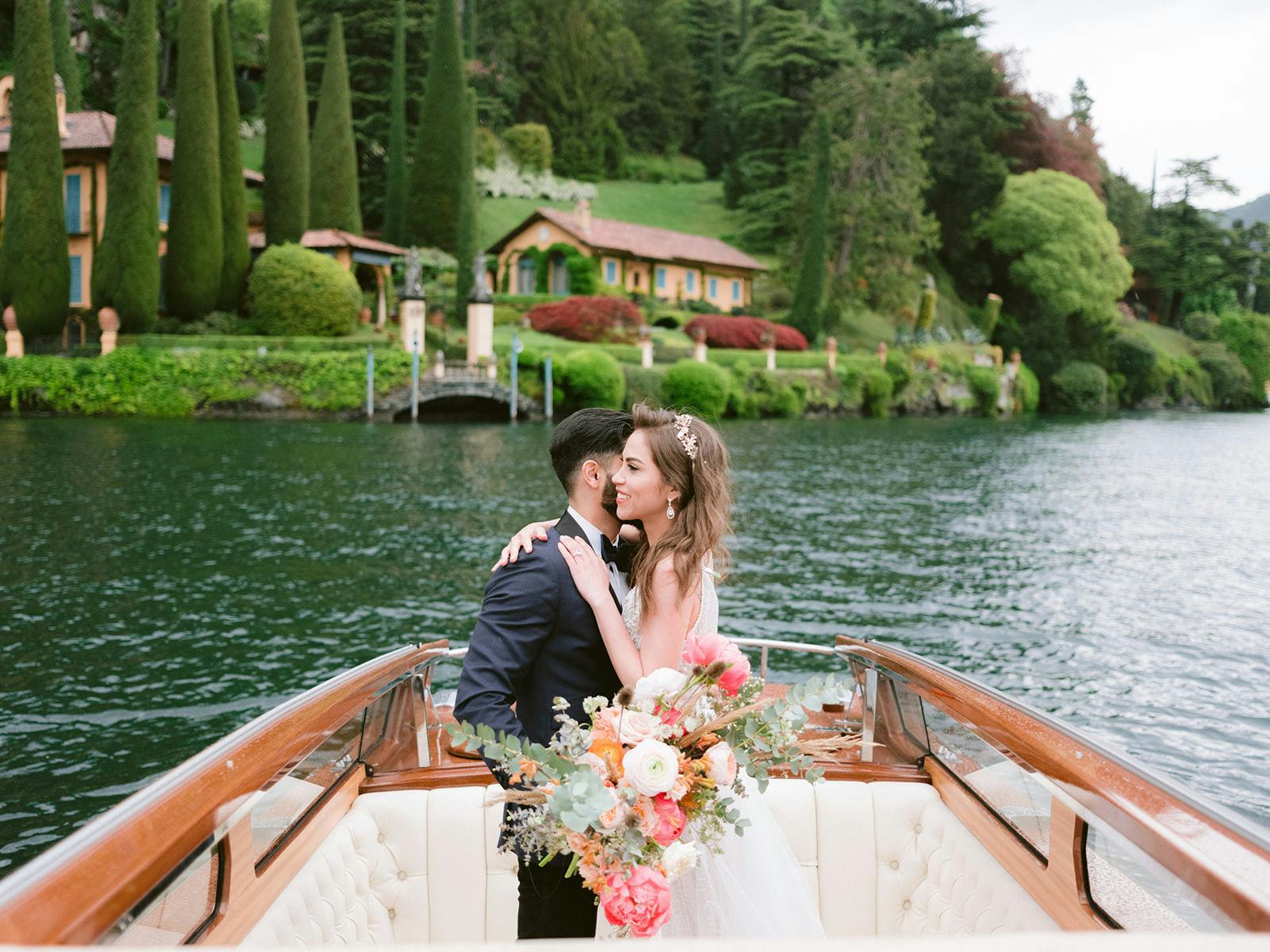 Bride and groom on a boat.